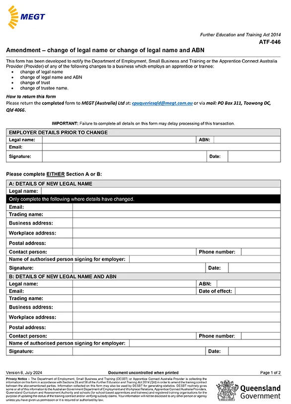 Amendment- Change of legal name /ABN form